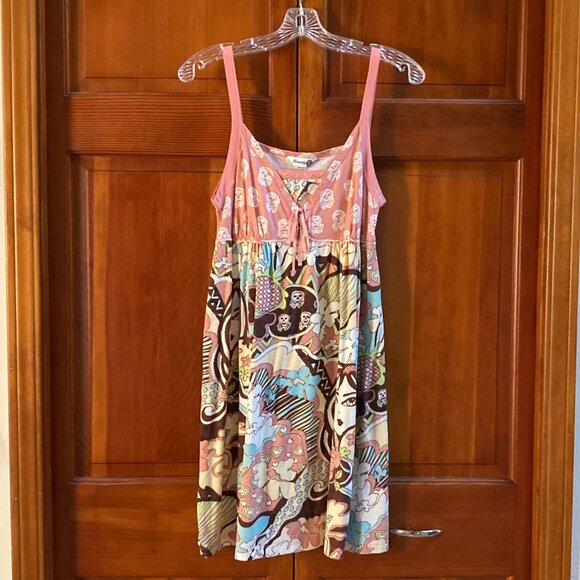 Scanty Sleeveless Sundress with Lace Up Detail - Pink Brown Yellow Blue - Size L - Picture 1 of 10